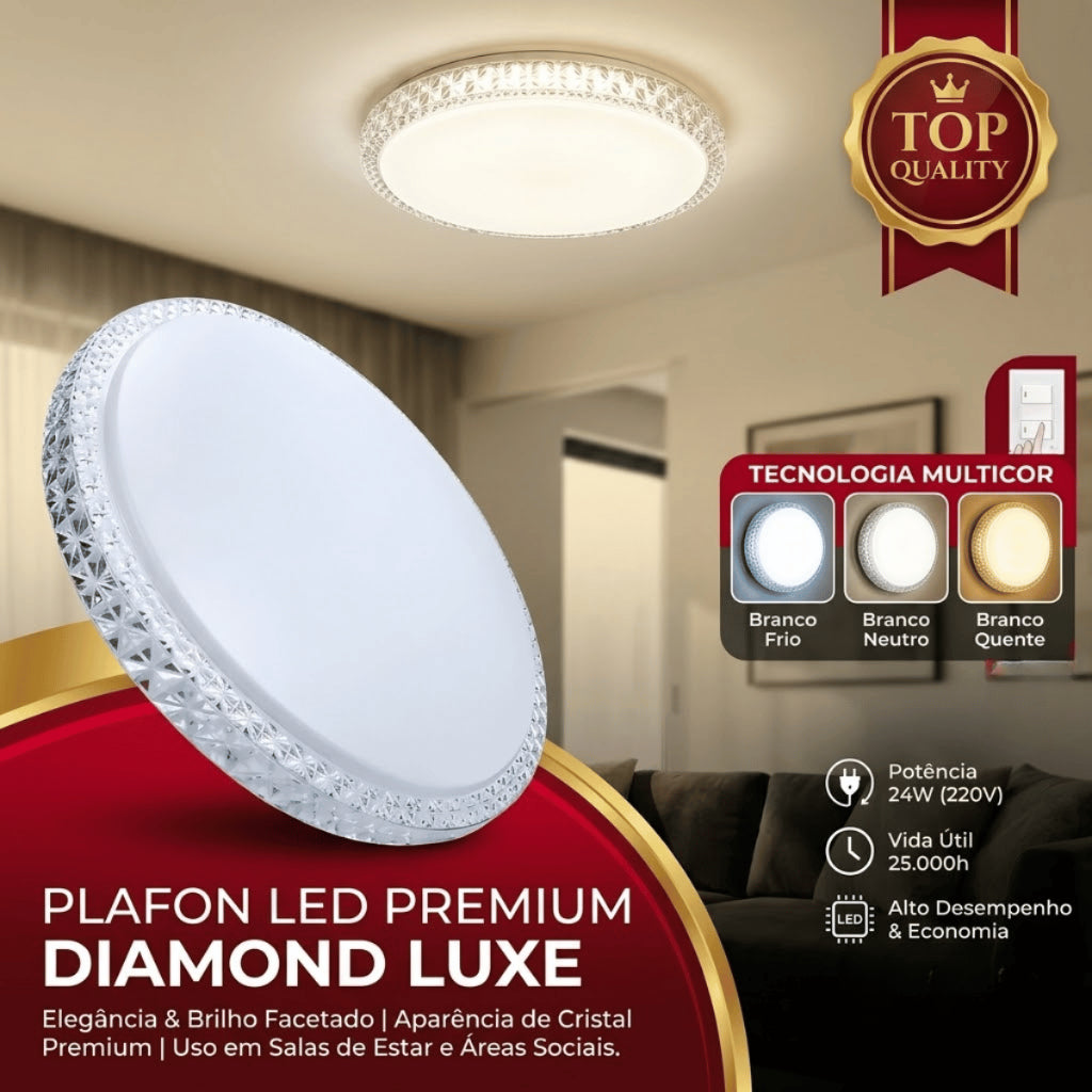 Plafon LED Sobrepor Redondo Efeito Cristal 3 Cores 24W 220V Iluminação Luxo Chique Sala Quarto