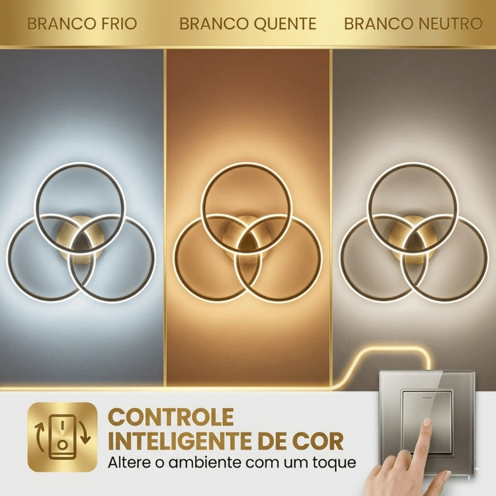 Lustre 3 Anéis Dourado 60w Luminária LED Design Moderno Led 3 Cores Bivolt Luz Branco Neutro Quente