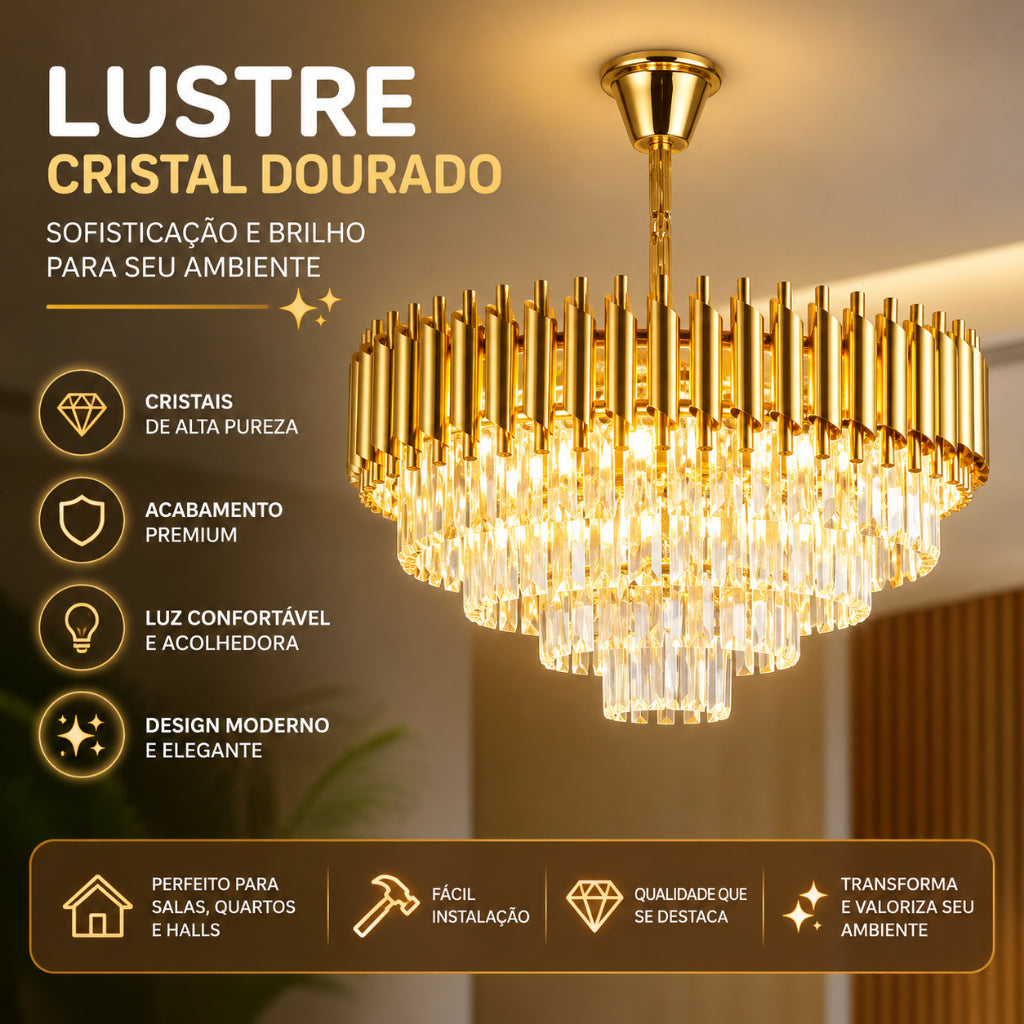 Lustre de Cristal Moderno Luxo Redondo Sala de Jantar E14 Bivolt Altura Ajustável 3 Cores