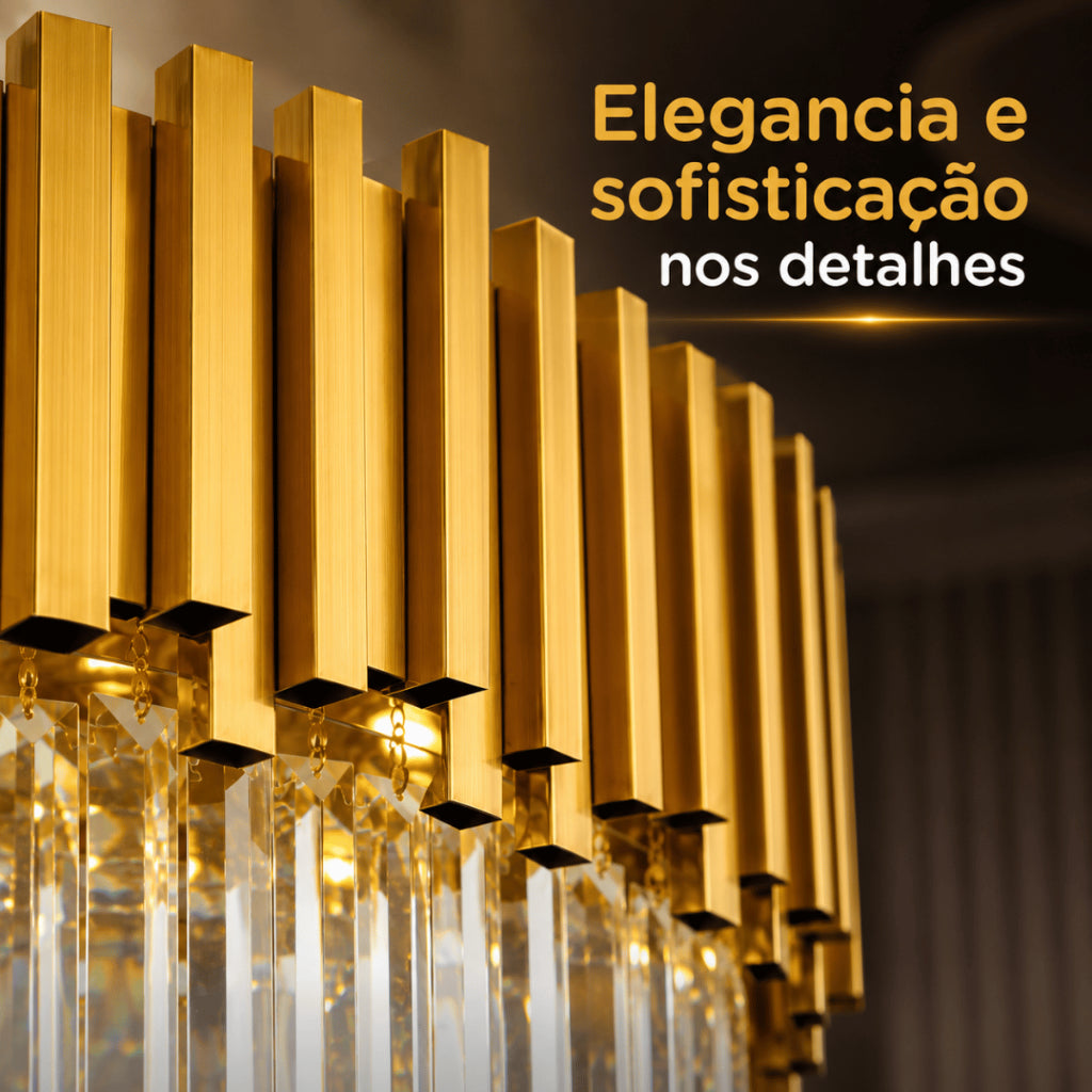 Lustre Cristal K9 Dourado Cilíndrico Moderno Pendente Luxo Sala de Jantar E14 Corrente Ajustável