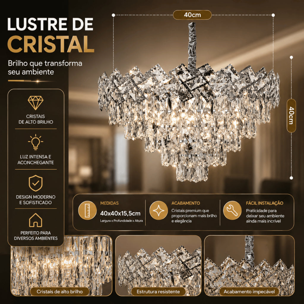 Lustre Cristal K9 Premium Redondo Pendente Sala de Jantar Luxo Prata E14 Bivolt Corrente Ajustável