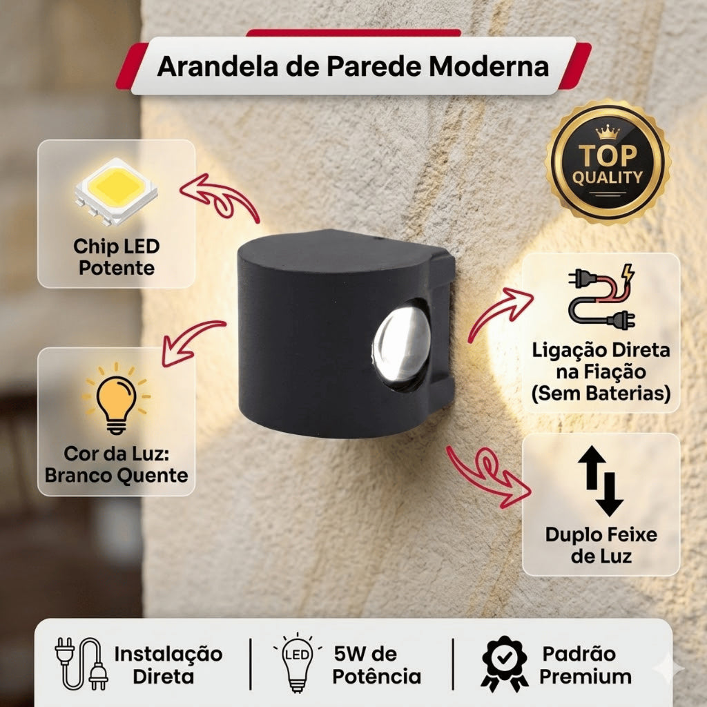 Arandela de Parede Preta LED 5W IP66 A Prova d'Água 2 Fachos de Luz Decoração Externa Branco Quente