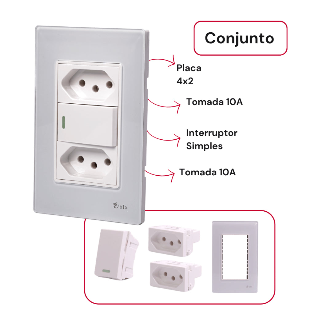 Tomada Modular Interruptor de Parede 110V 10A Placa Branca Acrílico Espelhado Alumínio Innova XLX