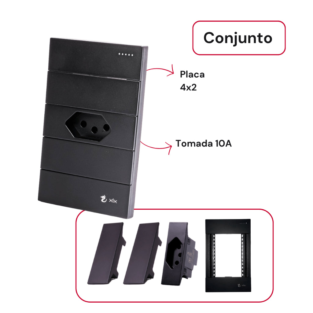 Tomada Modular 10A 110V Cinza Preto Pintura Galvanizada Anti Chamas Moderna Placa 4x2 Alumínio