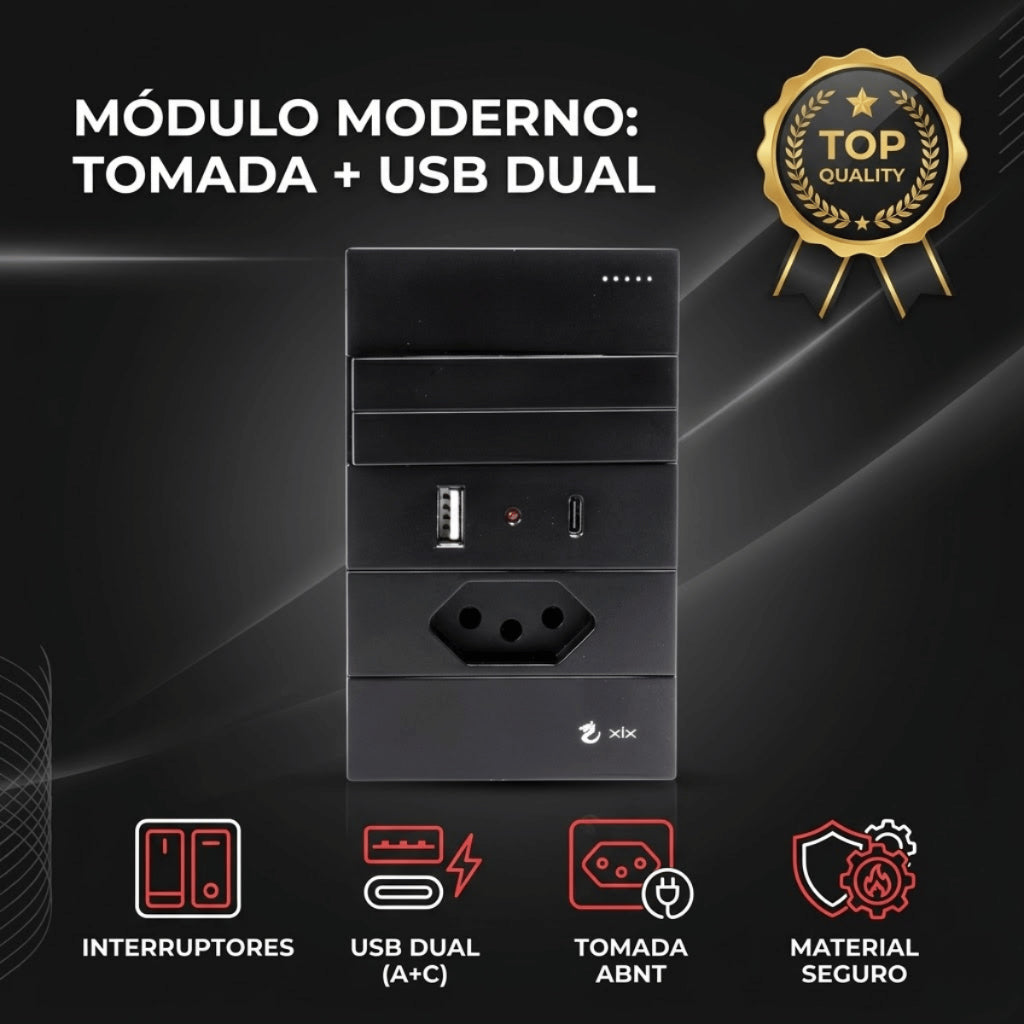Tomada Modular 10A 110V Carregador USB C A Interruptor Unipolar Bipolar Preto Placa 4x2 Alumínio