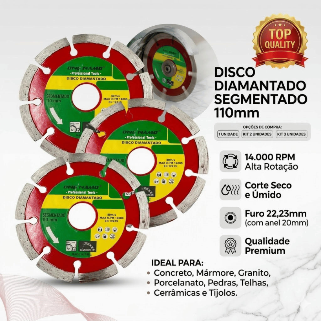 Disco Diamantado Segmentado 110 mm Profissional Seco e Molhado Corte Serra Concreto Granito Mármore