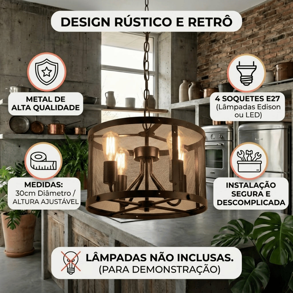 Lustre Pendente Aramado Industrial Preto 4 Soquetes E27 Altura Ajustável para Sala e Cozinha
