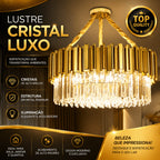 Lustre Cristal K9 Dourado Cilíndrico Moderno Pendente Luxo Sala de Jantar E14 Corrente Ajustável