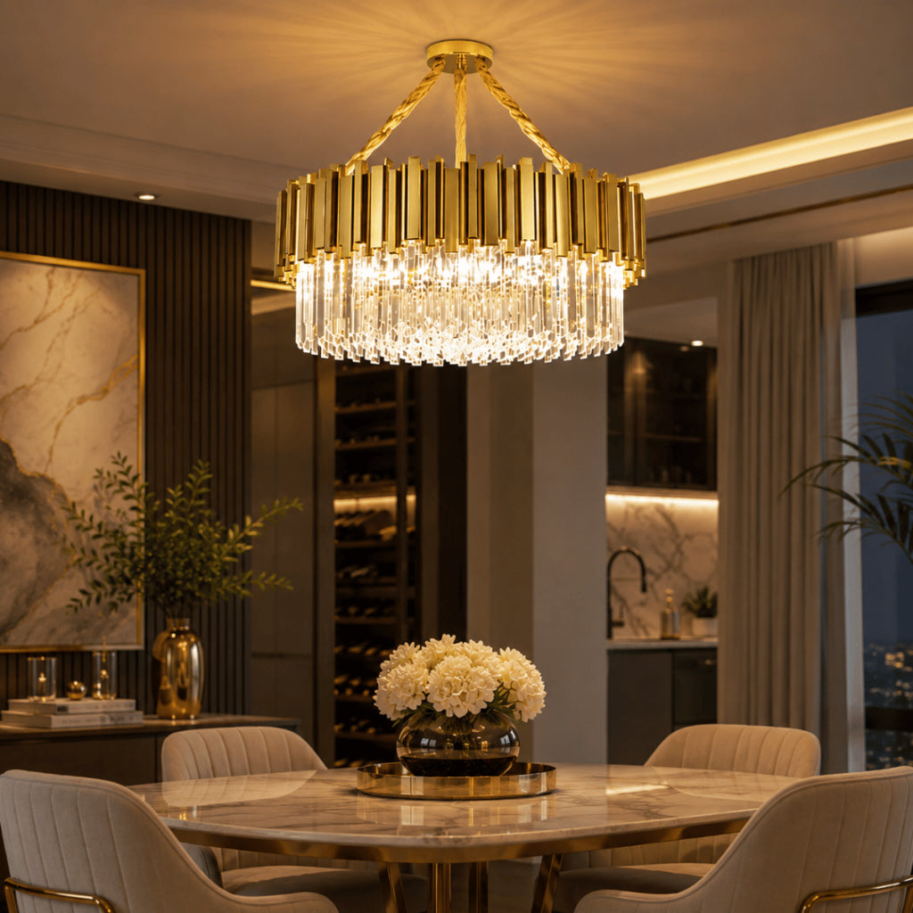 Lustre Cristal K9 Dourado Cilíndrico Moderno Pendente Luxo Sala de Jantar E14 Corrente Ajustável