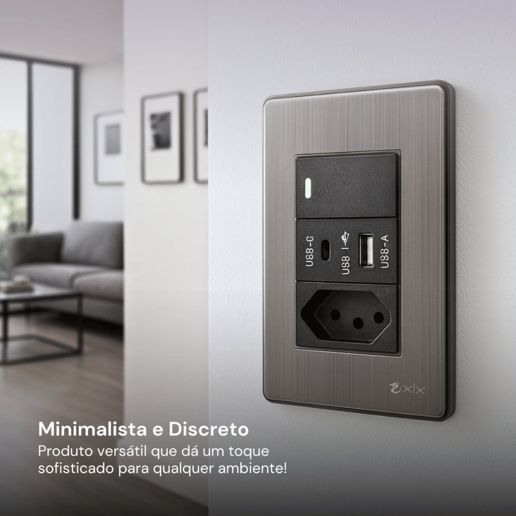 Interruptor de Parede 4X2 Luxo Unipolar Bipolar Carregador USB-C/A e Tomada 10A 110V Fusion Pro