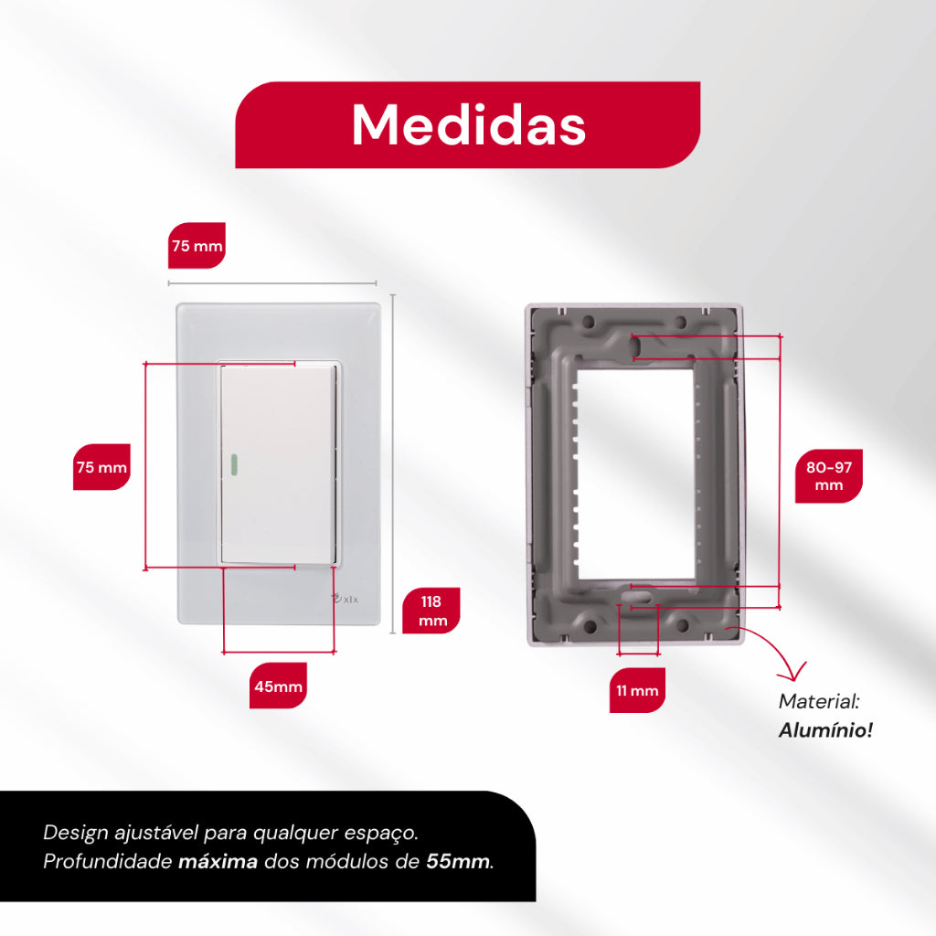 Tomada Modular 4x2 Interruptor Simples Acrilico Espelhado Branco Luxo Anti-Chamas Innova Pro XLX
