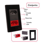 Tomada Modular 110V 220V 10A 20A Placa Acrílico Espelhado Alumínio Innova Pro XLX Moderna Preta