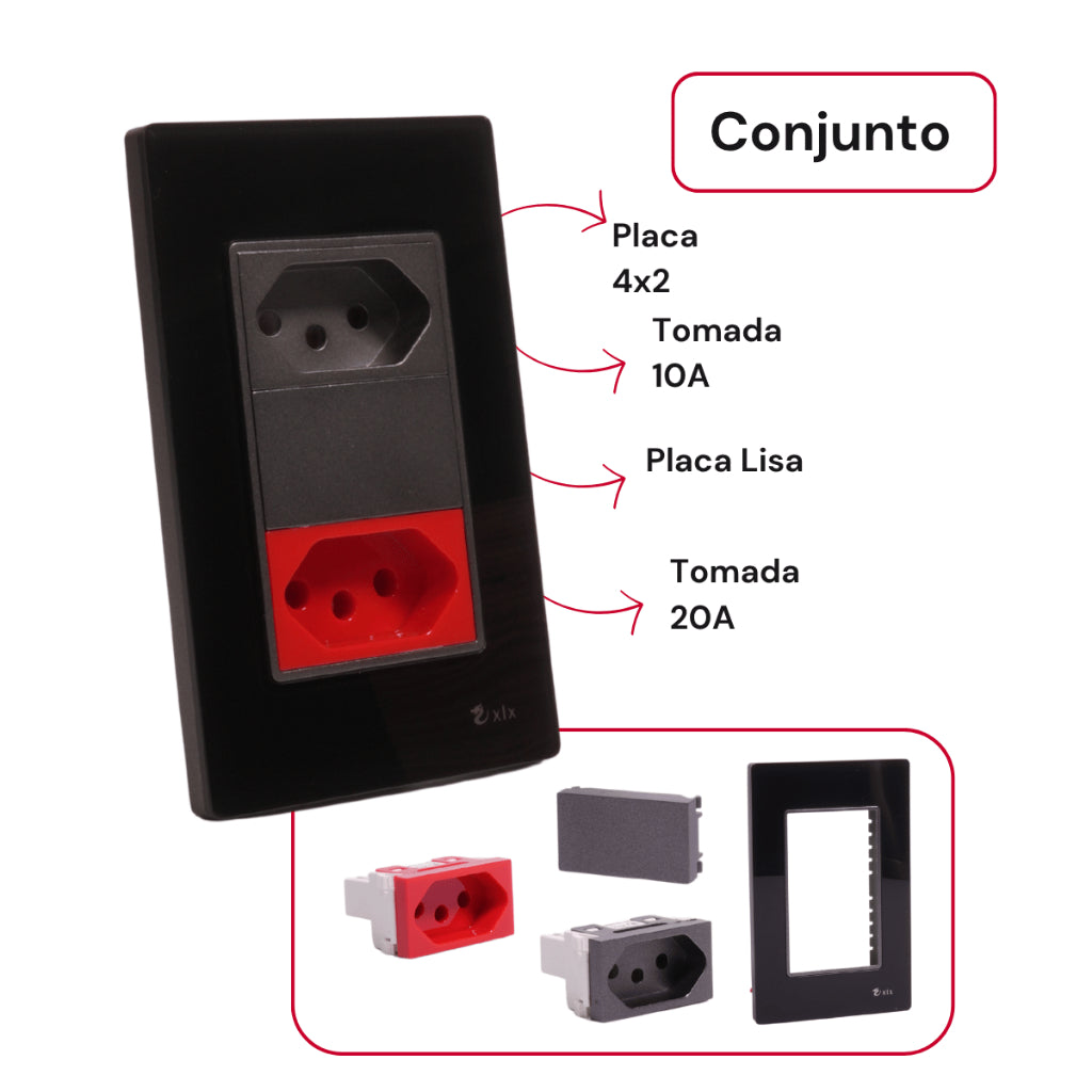 Tomada Modular 110V 220V 10A 20A Placa Acrílico Espelhado Alumínio Innova Pro XLX Moderna Preta