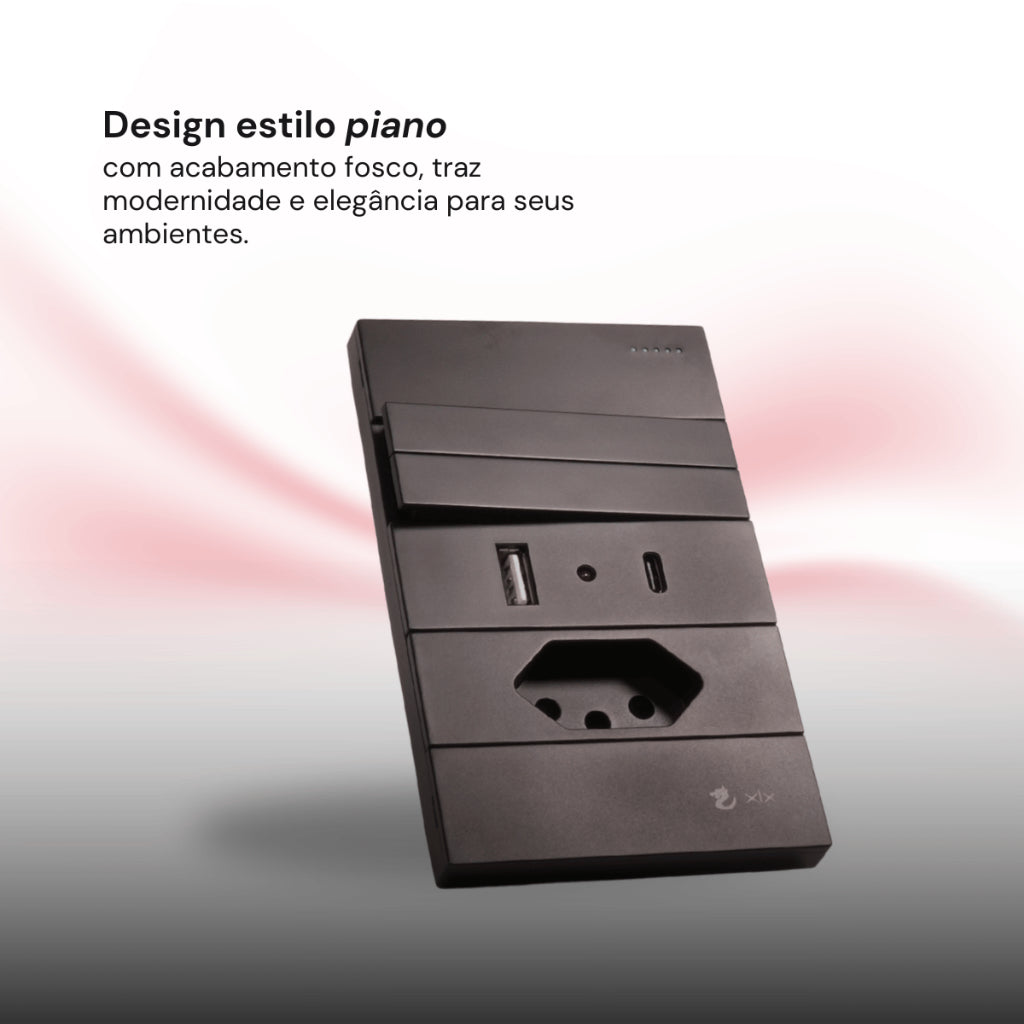 Tomada Modular 10A 110V Carregador USB C A Interruptor Unipolar Bipolar Preto Placa 4x2 Alumínio