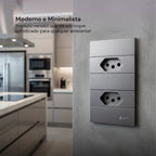 Tomada Modular 10A 110V Duas Tomadas Melody XLX Cinza Preto Galvanizado Placa 4x2 Alumínio