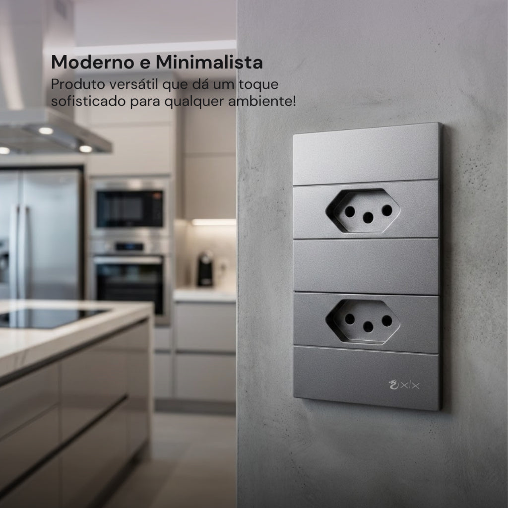 Tomada Modular 10A 110V Duas Tomadas Melody XLX Cinza Preto Galvanizado Placa 4x2 Alumínio