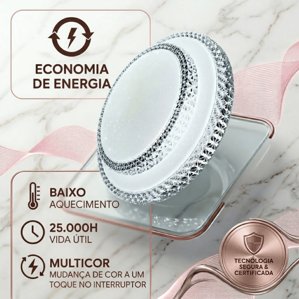 Luminária Plafon de Teto LED Tricolor 24W 38cm Design Moderno Cristal Facetado para Área Social