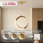 Lustre Pendente LED Lua Dourado Cristal 3 Cores de Luz Ajustavel para Quarto e Sala Bivolt