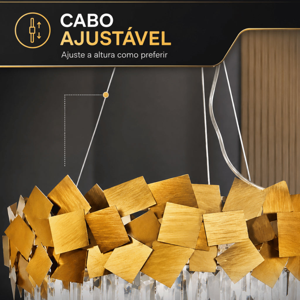 Lustre Moderno Cristal K9 Dourado Premium Pendente Luxo E14 Bivolt Sala de Estar e Jantar