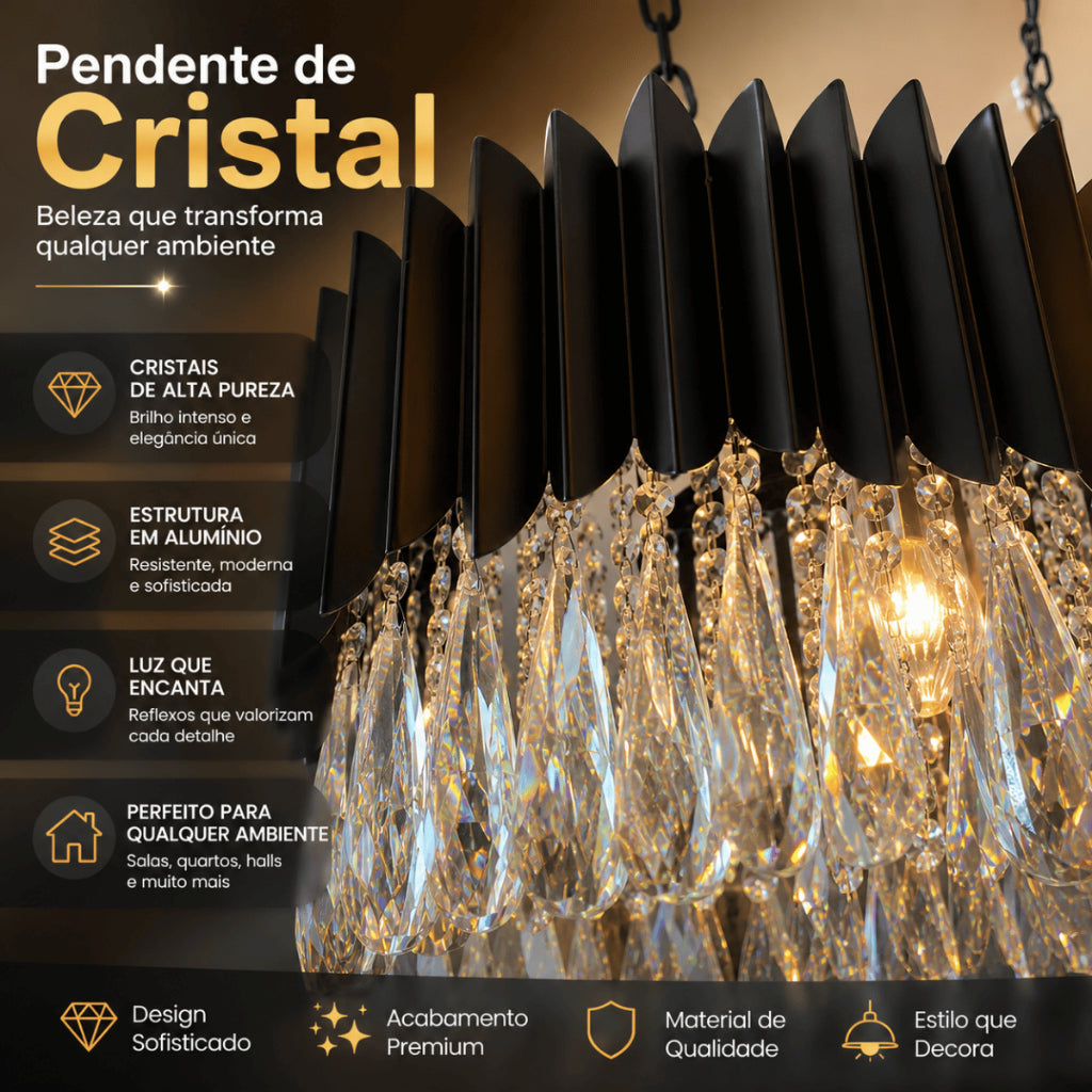 Lustre Cristal K9 Gotas Preto Fosco Pendente Moderno E14 Sala de Estar Bivolt