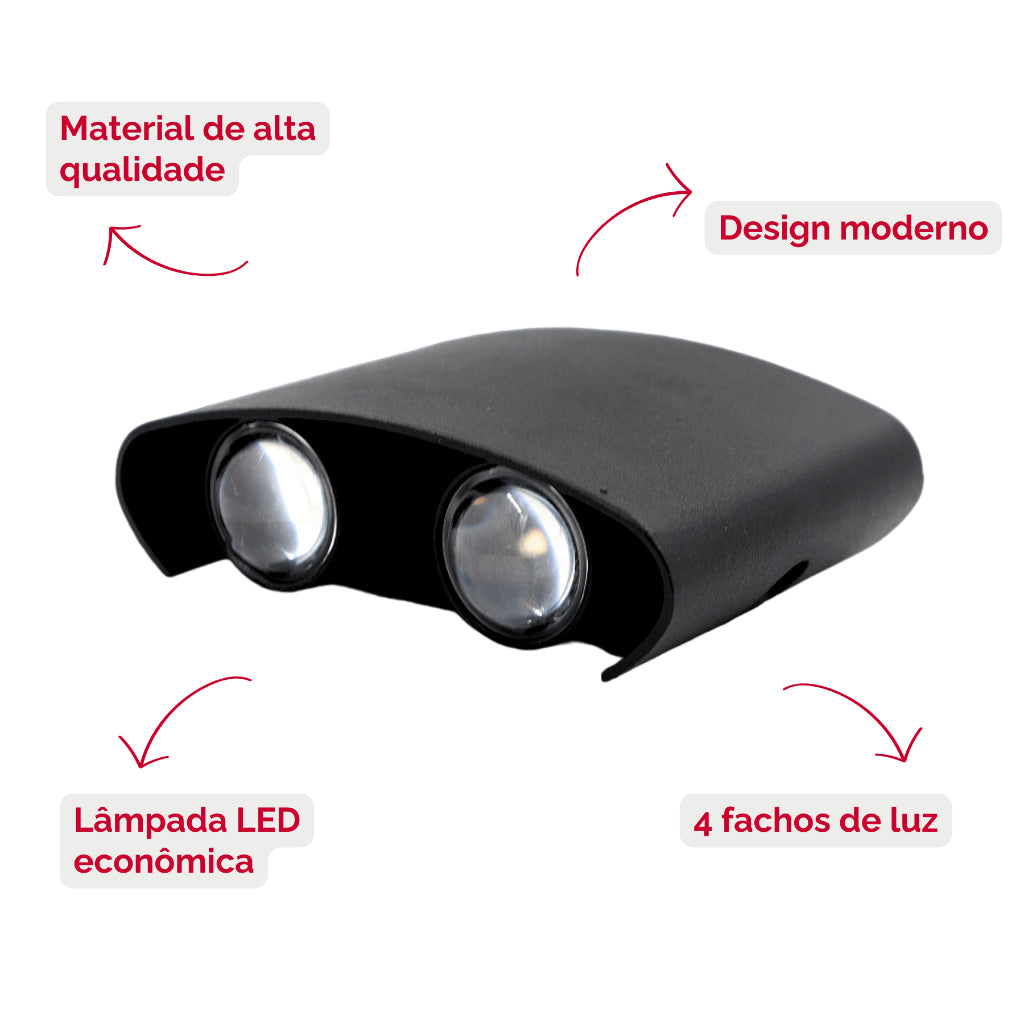 Arandela de Parede Preta LED 5W IP66 A Prova d'Água 4 Fachos de Luz Decoração Externa Branco Quente
