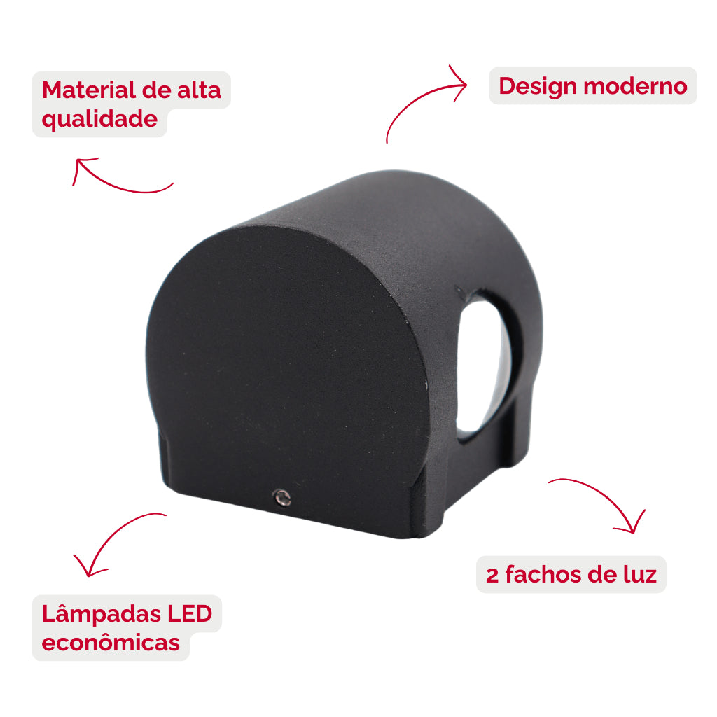 Arandela de Parede Preta LED 5W IP66 A Prova d'Água 2 Fachos de Luz Decoração Externa Branco Quente