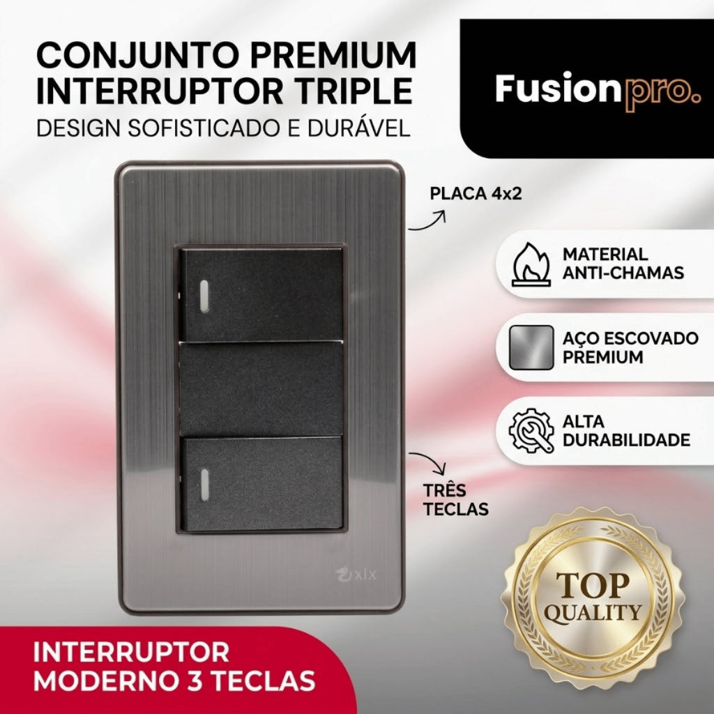 Interruptor Duplo Unipolar Bipolar XLX Tomada Fusion Pro Premium Acabamento em Aço Escovado