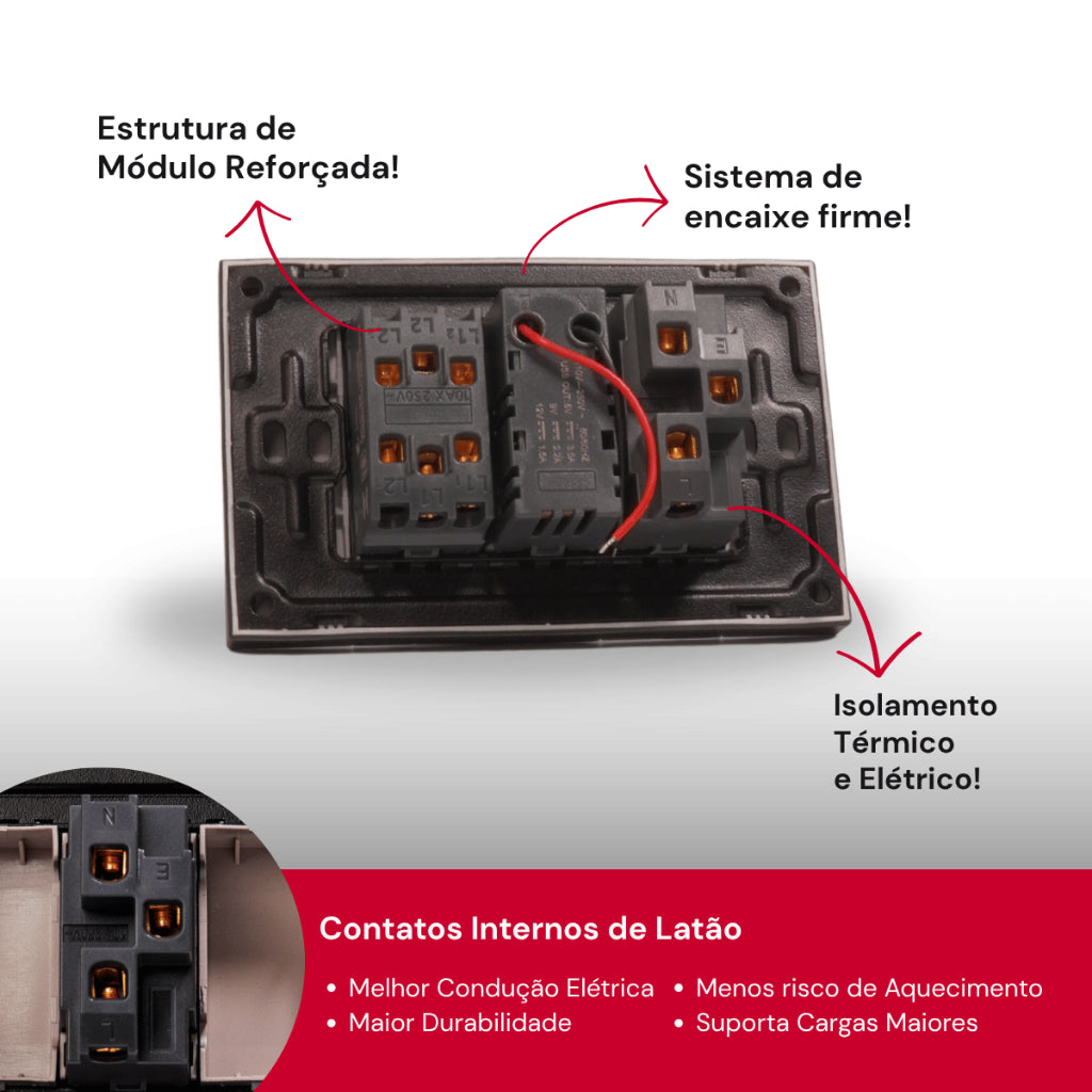 Tomada Modular 10A 110V Carregador USB C A Interruptor Unipolar Bipolar Preto Placa 4x2 Alumínio