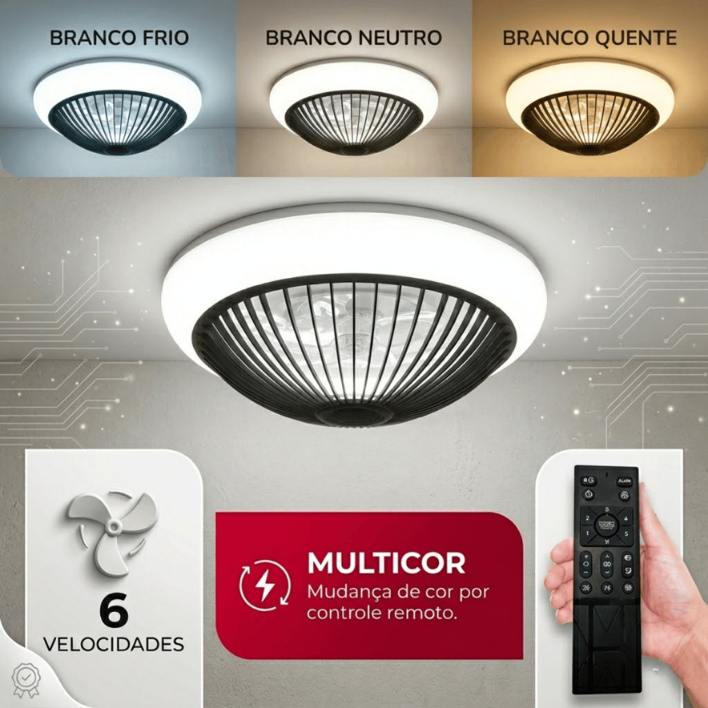 Ventilador de Teto Lâmpada Embutir Luz Led Ajustável Controle Remoto Bivolt Verão 6 Velocidades
