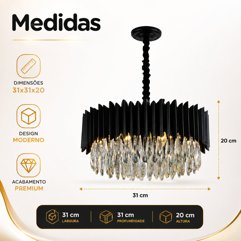Lustre Cristal K9 Gotas Preto Fosco Pendente Moderno E14 Sala de Estar Bivolt