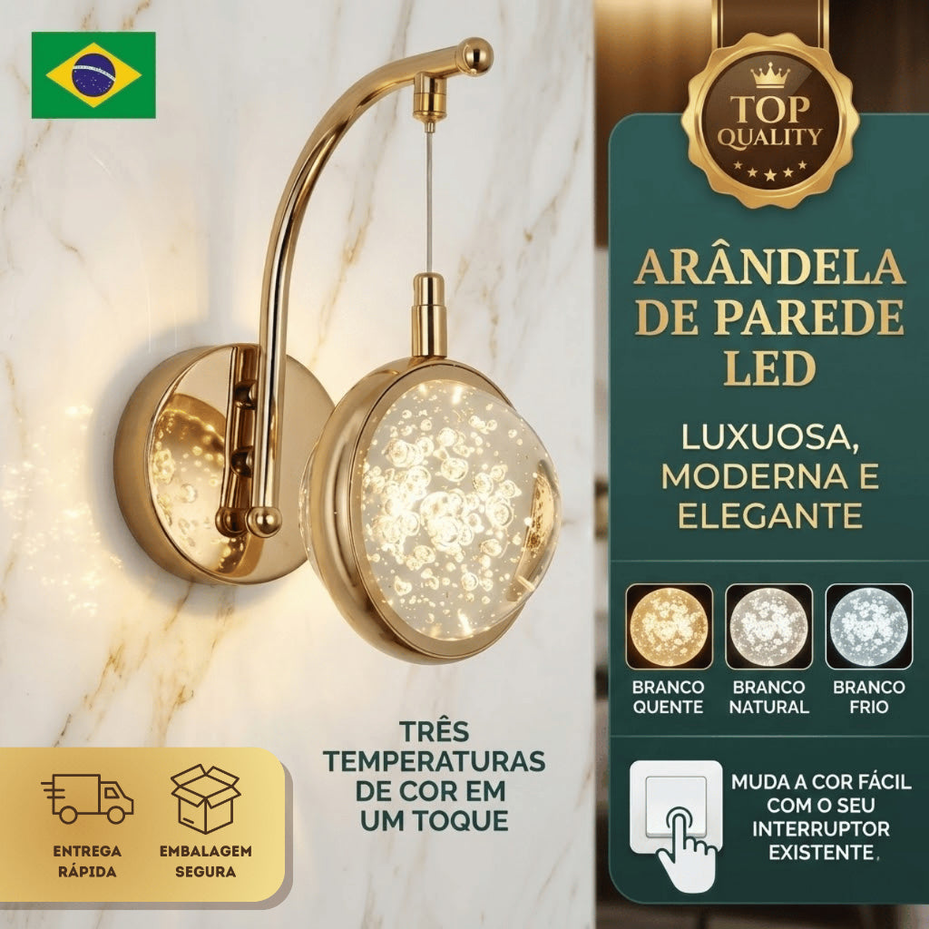 Arandela Parede Saturno Globo Cristal Bolhas Dourada XLX LED Moderno Luxo Brilhante Criativo
