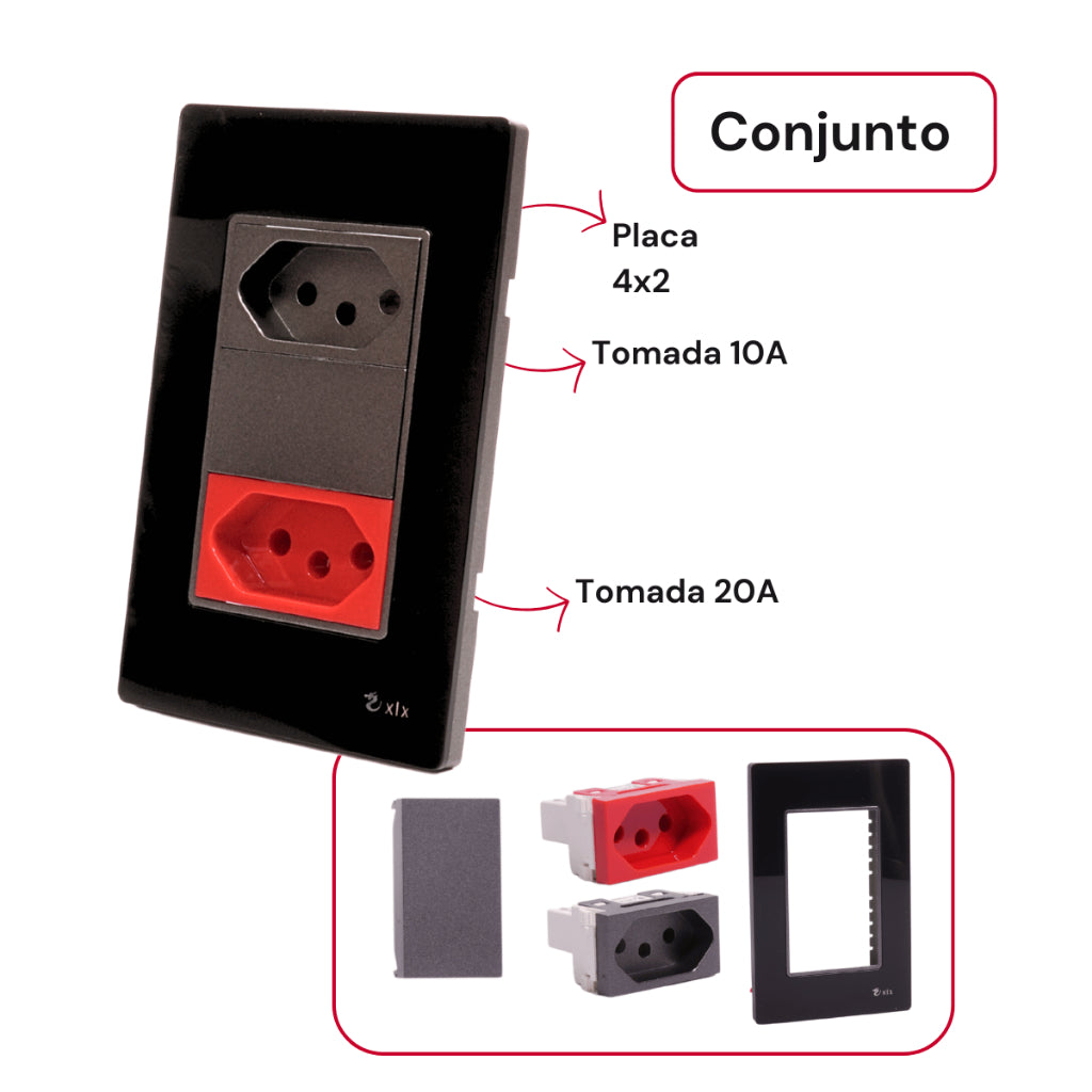 Tomada Modular Dupla de Parede 10A 110V 20A 220V Placa Preta de Acrílico Espelhado Innova XLX