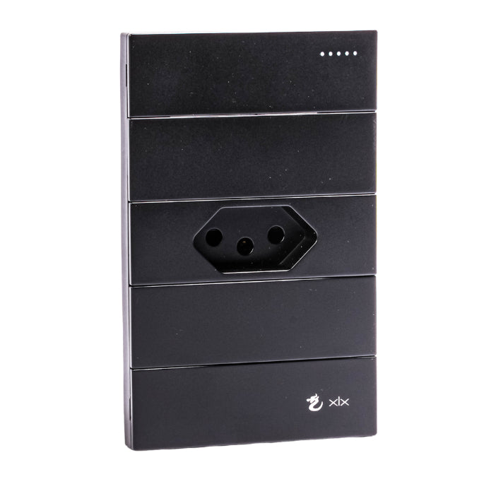 Tomada Modular 10A 110V Duas Tomadas Melody XLX Cinza Preto Galvanizado Placa 4x2 Alumínio