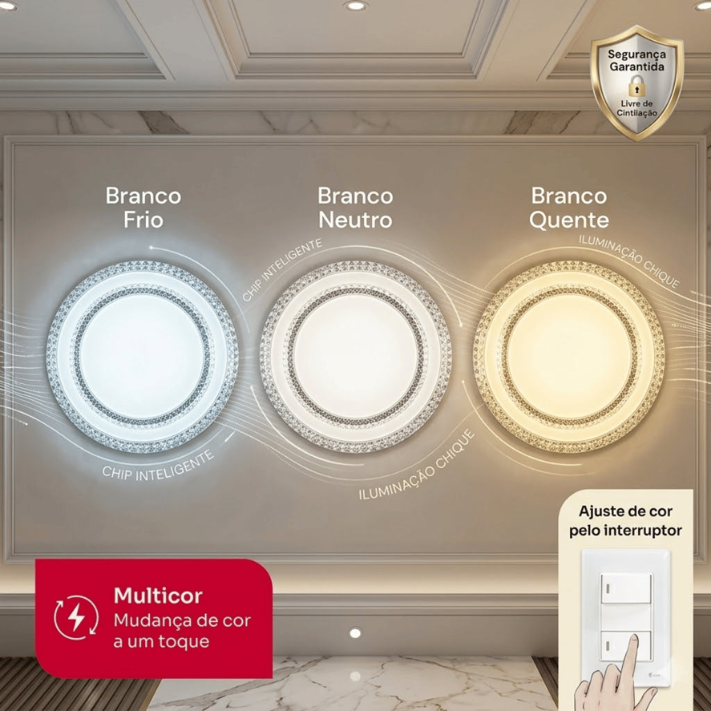 Luminária Plafon de Teto LED Tricolor 24W 38cm Design Moderno Cristal Facetado para Área Social
