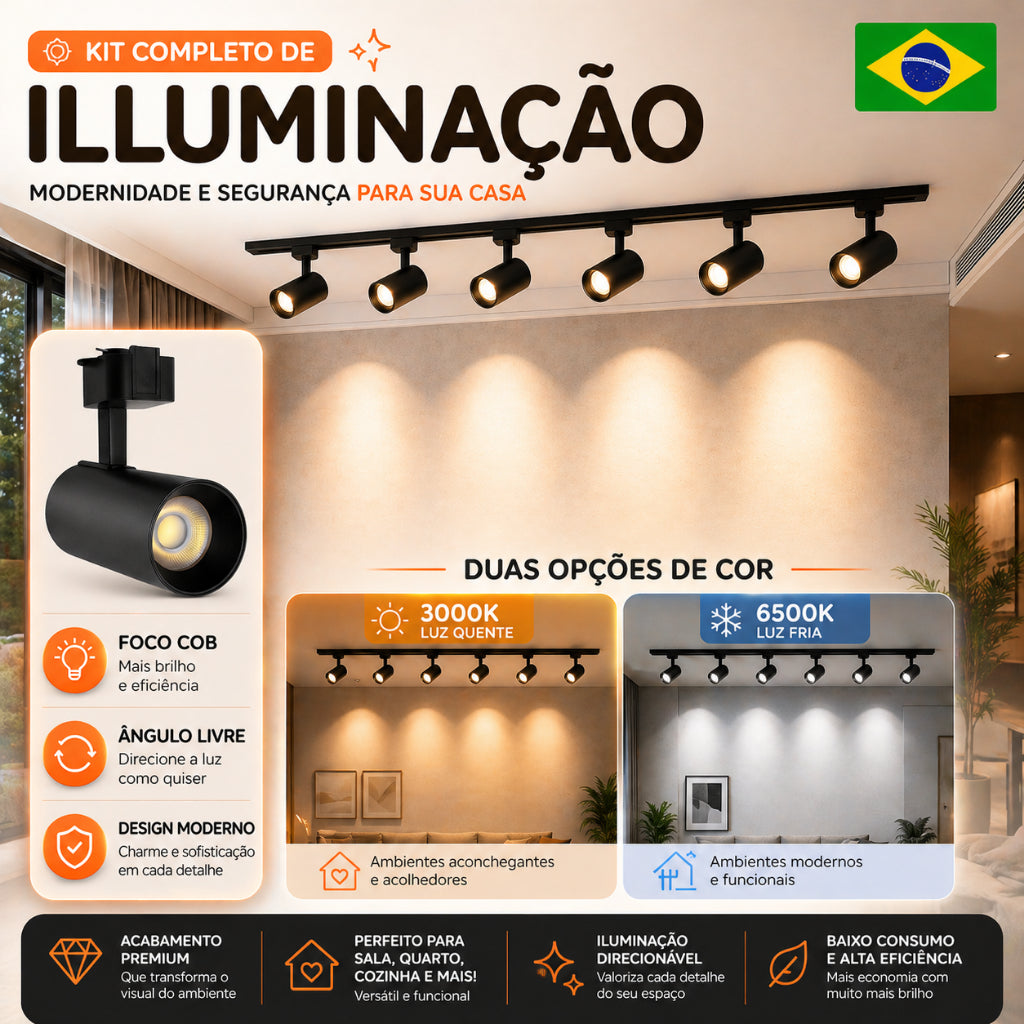 Kit Trilho Preto + Spot LED Eletrificado Preta 10w Luz Frio Quente Interno Econômico Bivolt