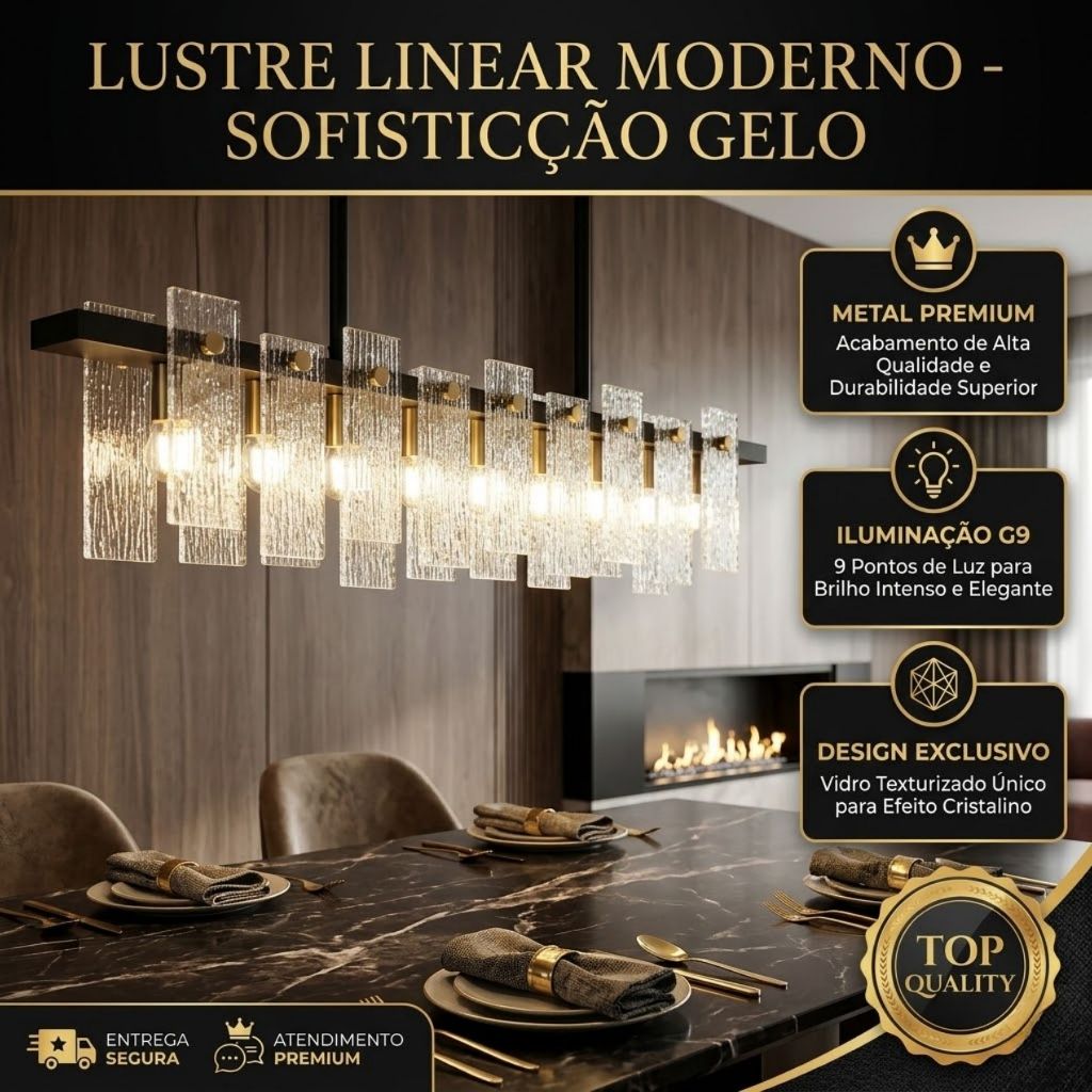 Lustre Pendente Bivolt Linear Moderno Vidro Texturizado Premium G9 Sala Jantar Luxuoso Chique