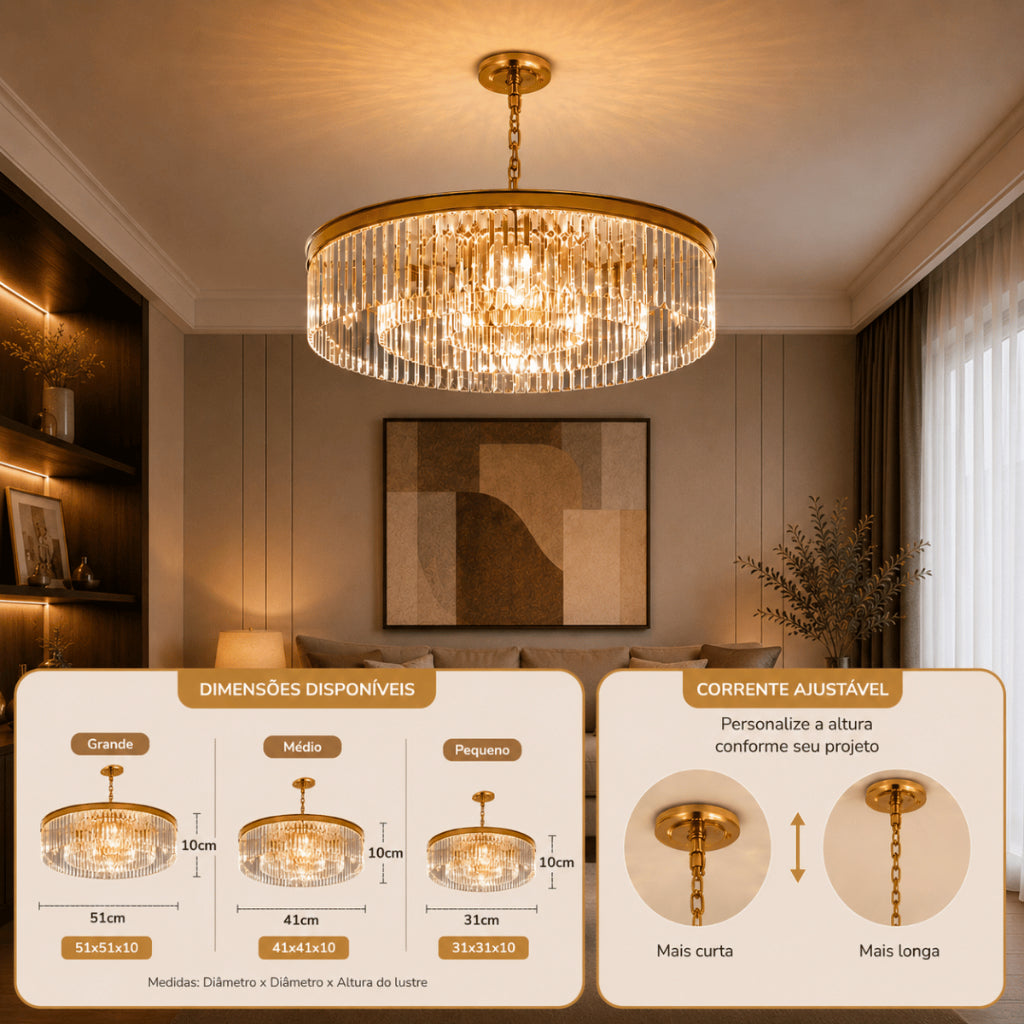 Lustre Cristal K9 Redondo Moderno Pendente Luxo Sala de Jantar E14 Bivolt Corrente Ajustável Preto