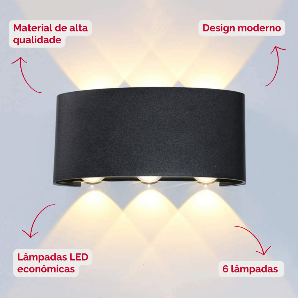 Arandela de Parede Preta LED 5W IP66 A Prova d'Água 6 Fachos de Luz Decoração Externa Branco Quente