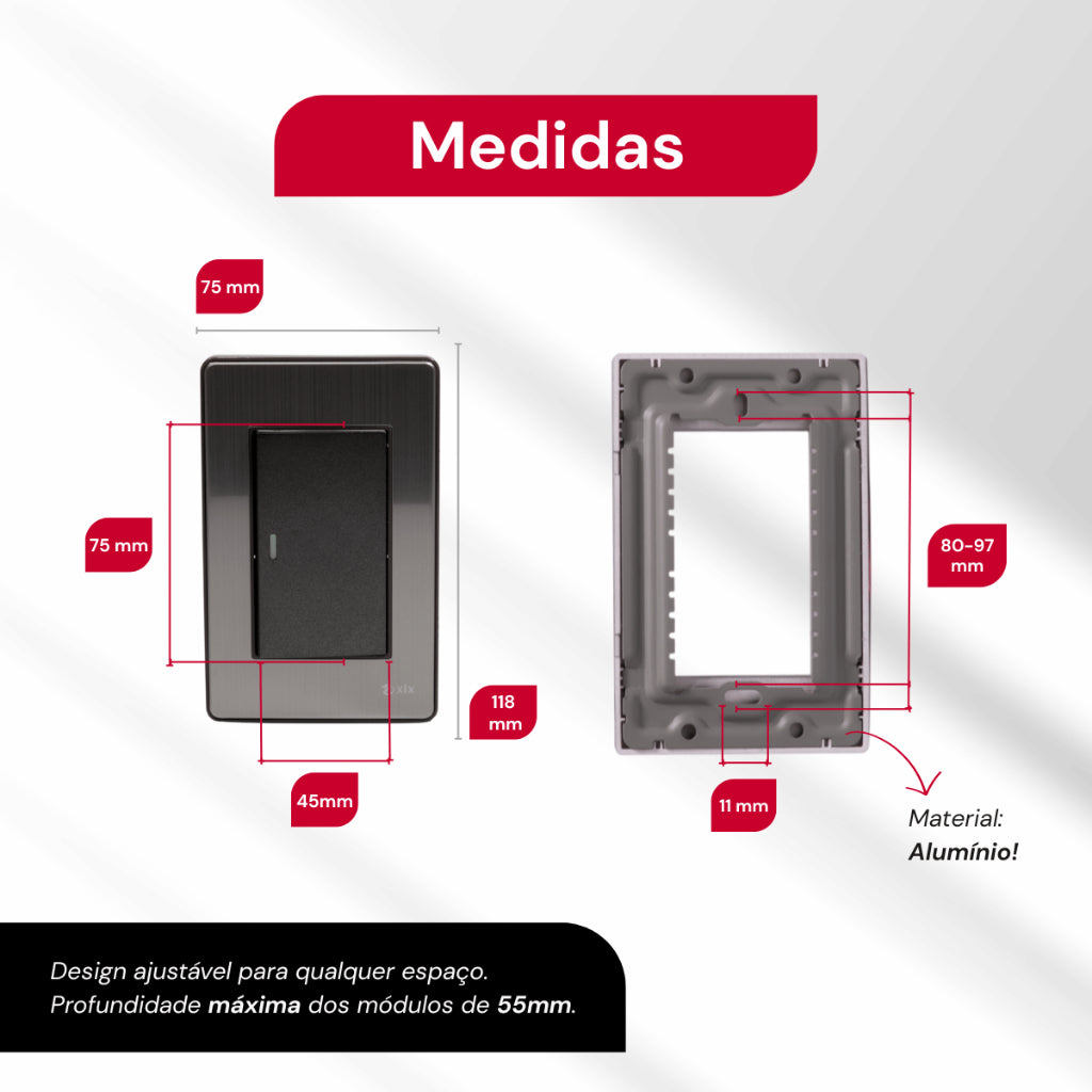 Interruptor Modular Fusion Pro Moderno xlx Alumínio Escovado Tecla G Unipolar Bipolar 4x2 Anti Chama