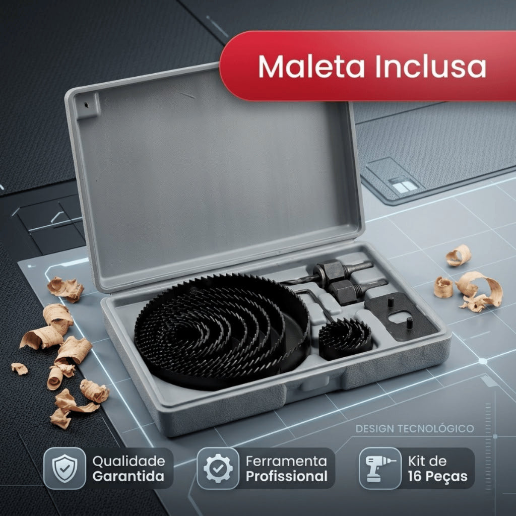 Kit Jogo 16 Peças Serra Copo Circular Profissional Furadeira Madeira Gesso Plastico Com Maleta