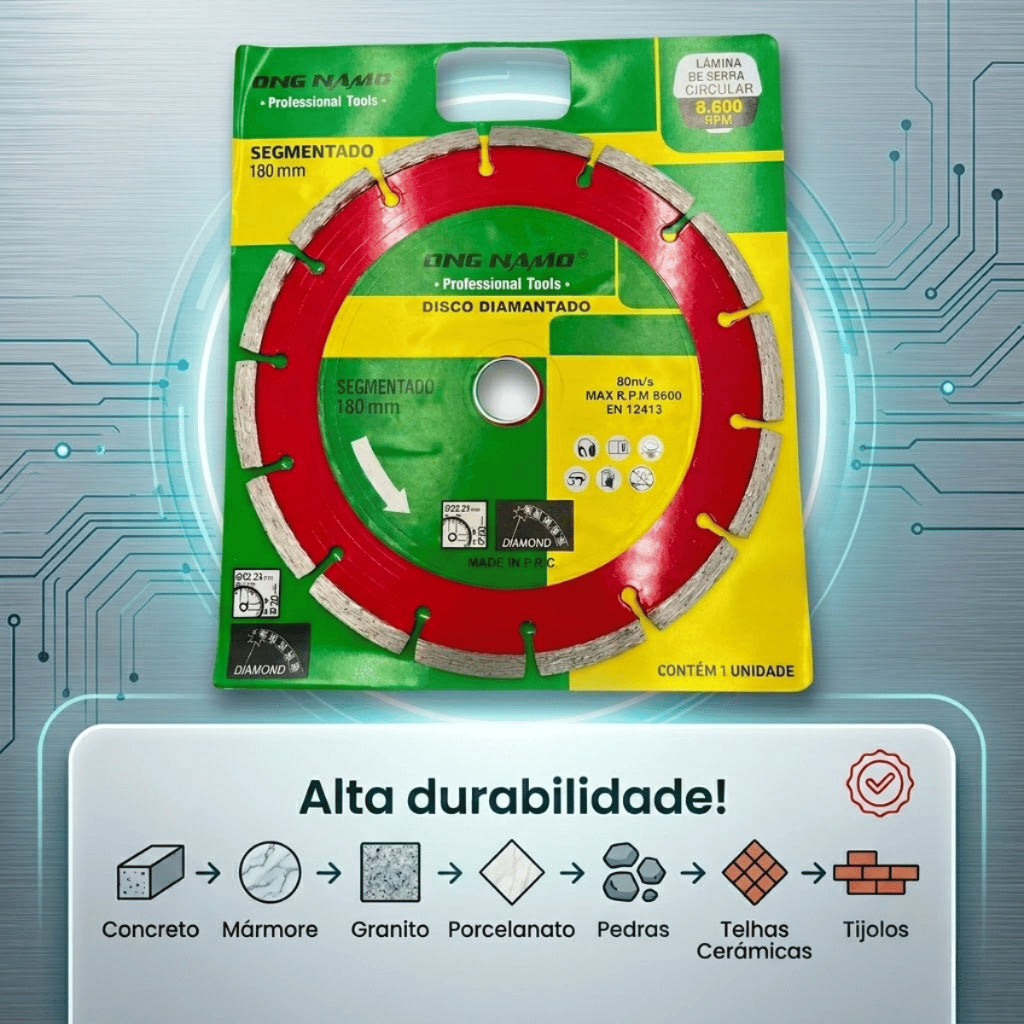 Disco Diamantado Segmentado de Corte 180 mm Seco Úmido Profissional Bloco Concreto Granito Mármore