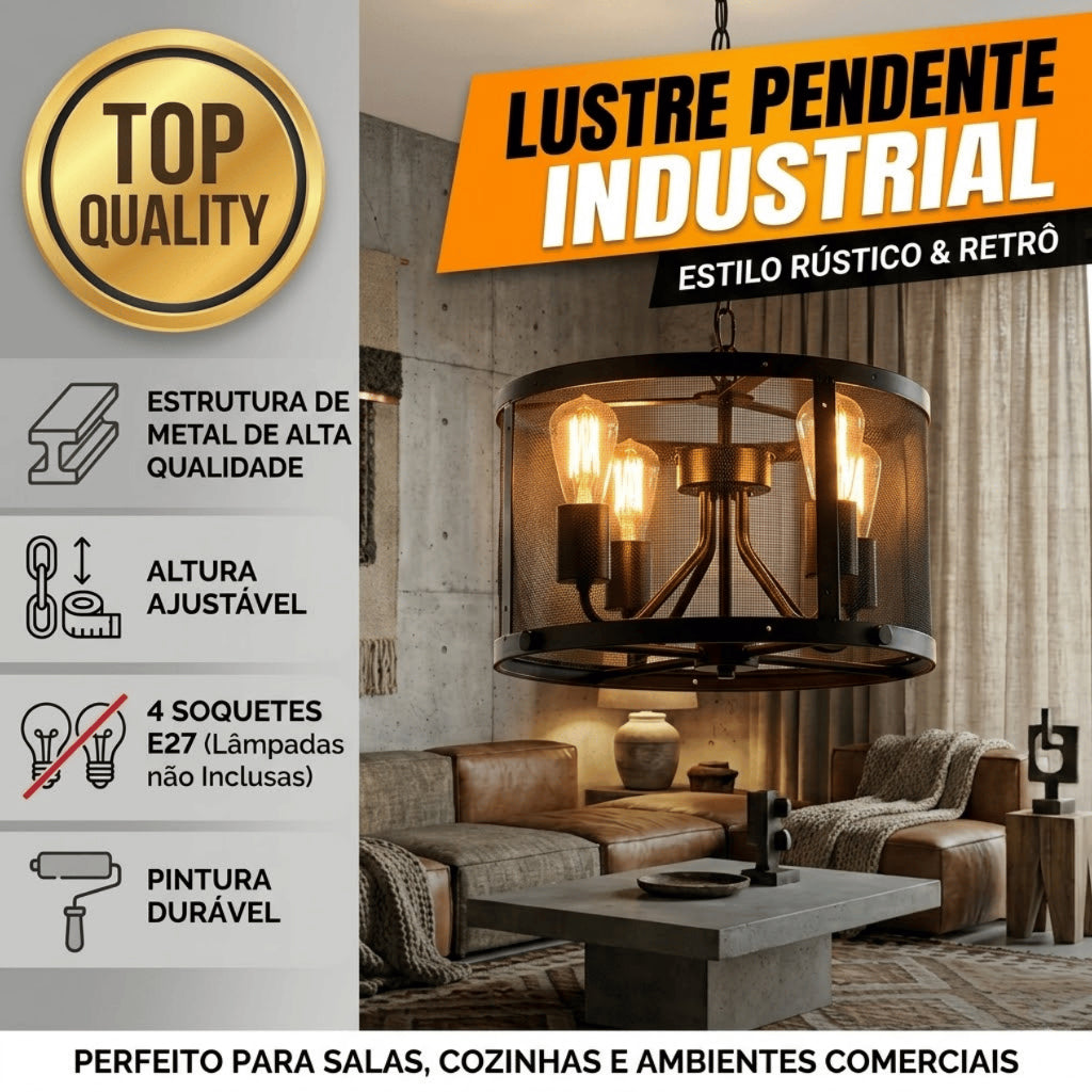 Lustre Pendente Aramado Industrial Preto 4 Soquetes E27 Altura Ajustável para Sala e Cozinha