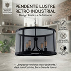 Lustre Pendente Aramado Industrial Preto 4 Soquetes E27 Altura Ajustável para Sala e Cozinha