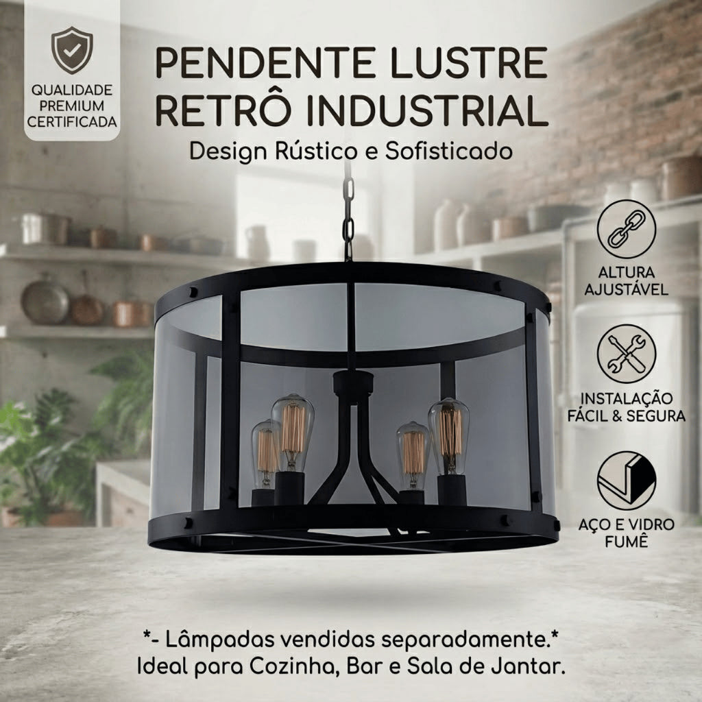 Lustre Pendente Aramado Industrial Preto 4 Soquetes E27 Altura Ajustável para Sala e Cozinha