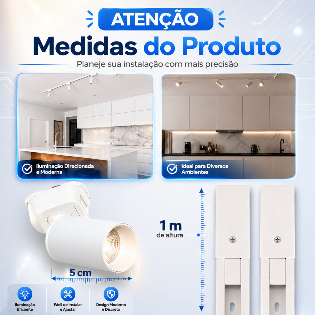 Kit Trilho Preto + Spot LED Eletrificado Preta 10w Luz Frio Quente Interno Econômico Bivolt