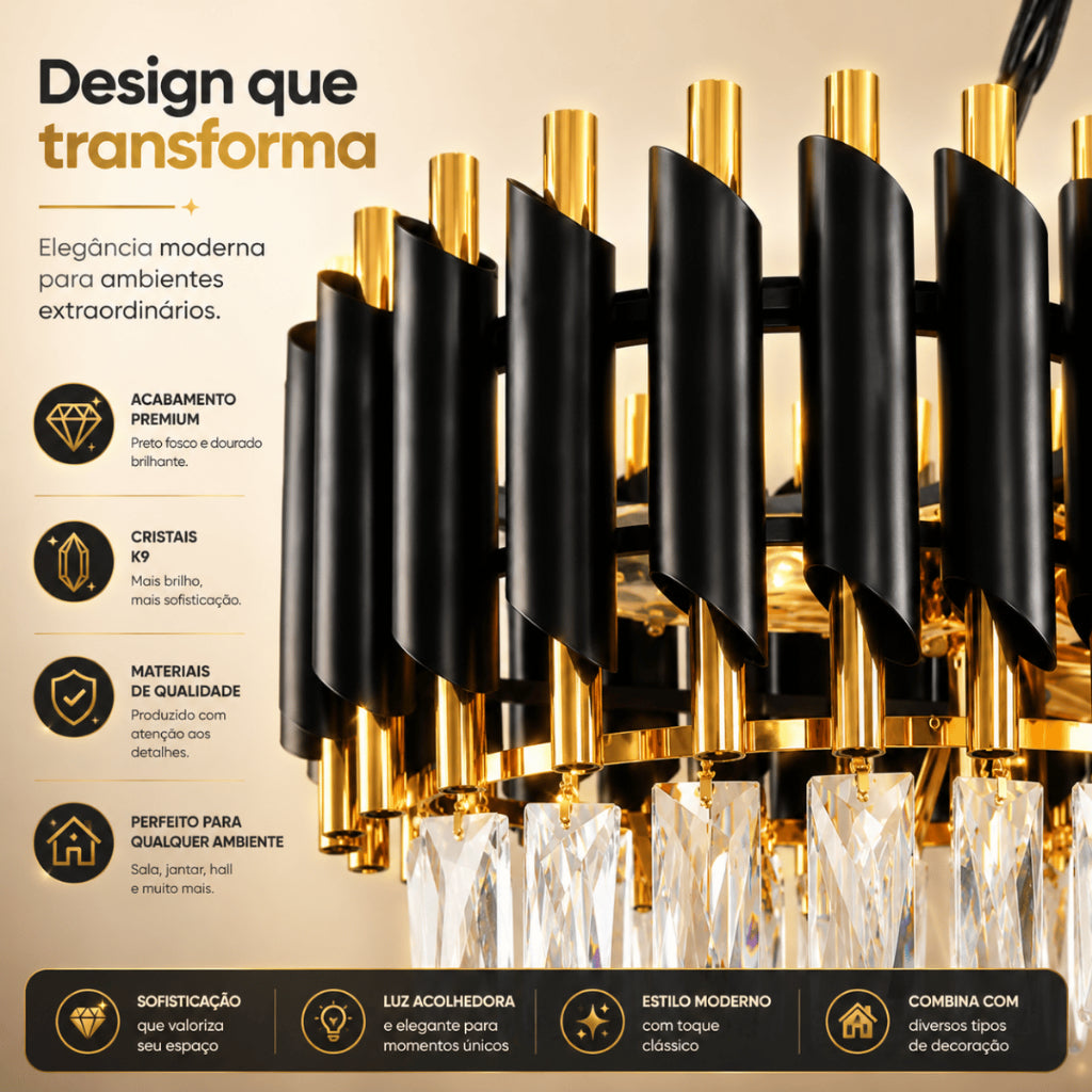 Lustre Pendente Retangular Cristal K9 Preto e Dourado E14 Bivolt Corrente Ajustável Luxo
