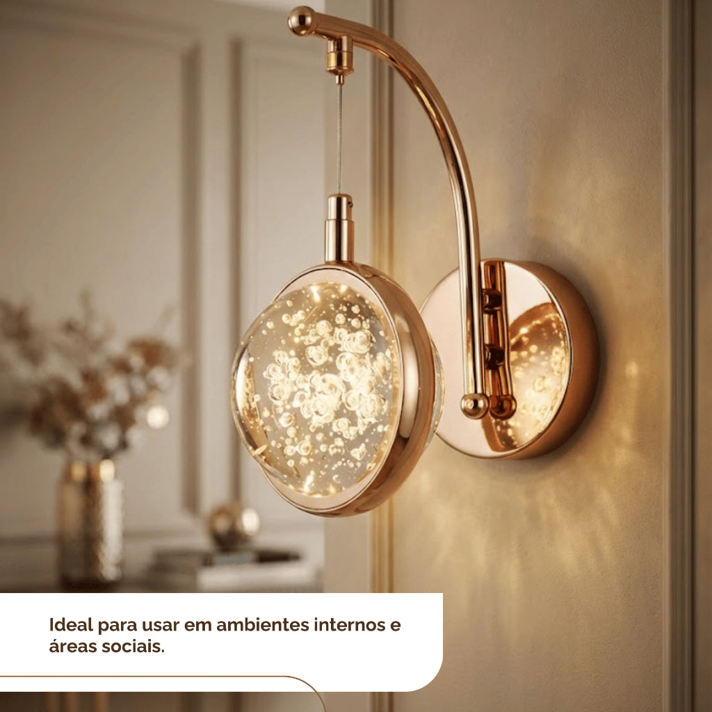 Arandela Parede Saturno Globo Cristal Bolhas Dourada XLX LED Moderno Luxo Brilhante Criativo