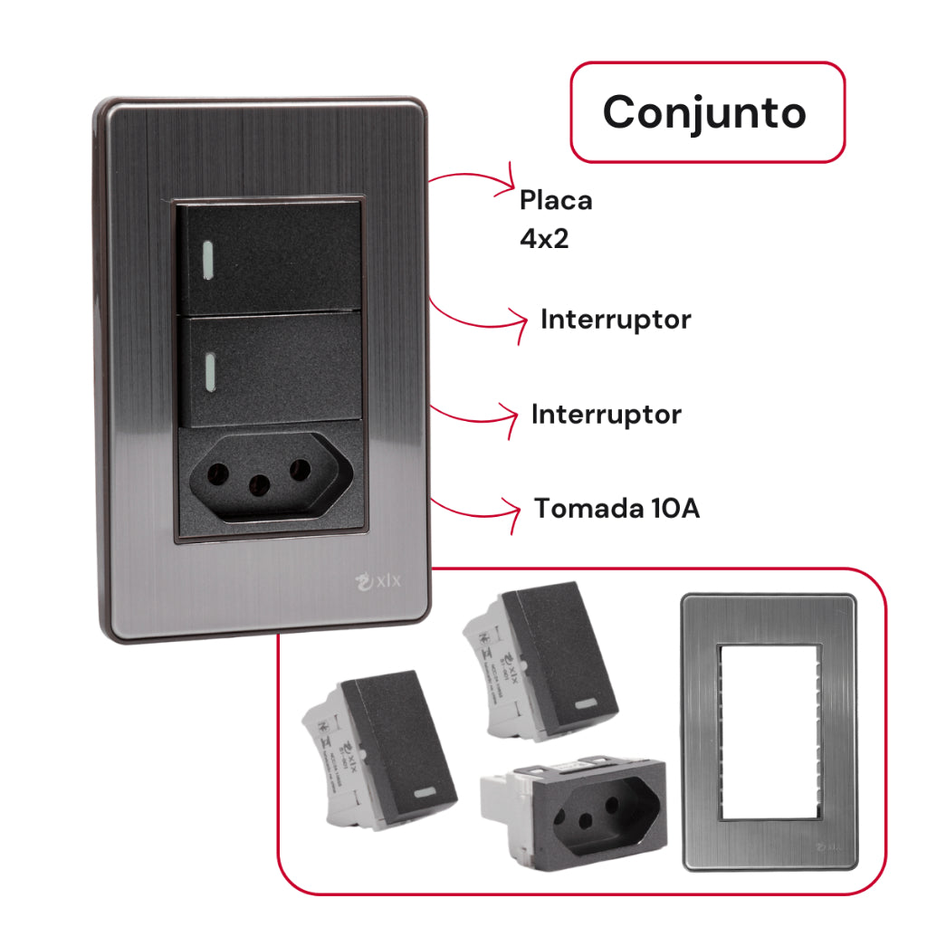 Interruptor de Parede Tomada 10A 110V Carregador USB C Placa 4x2 Alumínio Escovado Unipolar Bipolar