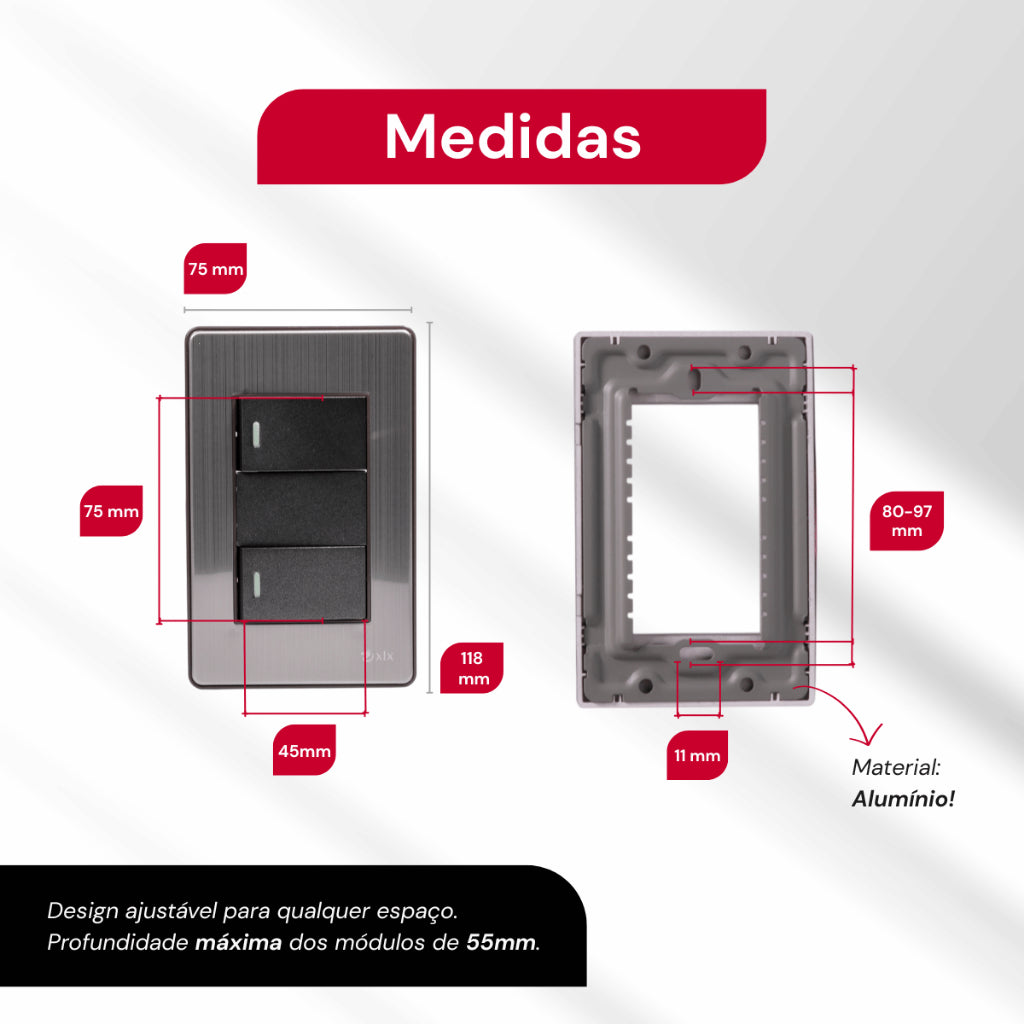 Interruptor Duplo Unipolar Bipolar XLX Tomada Fusion Pro Premium Acabamento em Aço Escovado