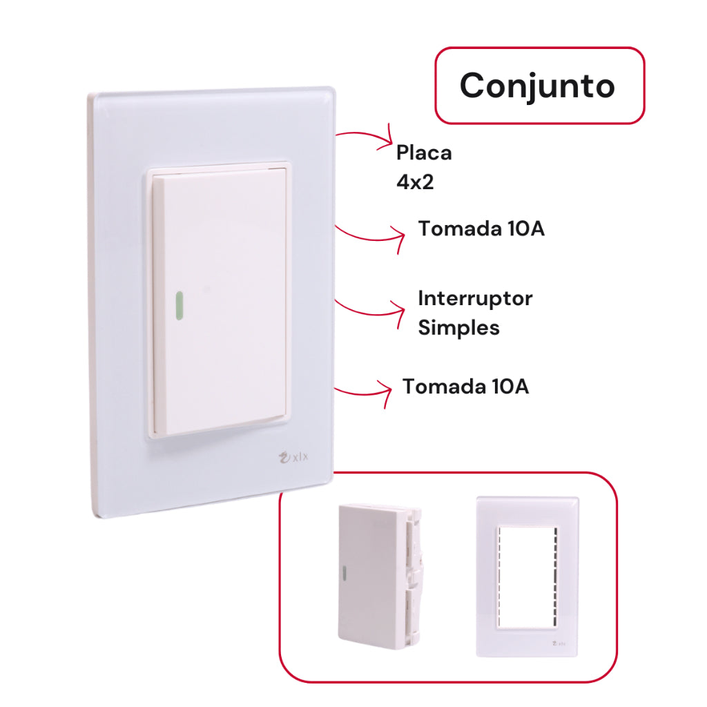 Tomada Modular 4x2 Interruptor Simples Acrilico Espelhado Branco Luxo Anti-Chamas Innova Pro XLX
